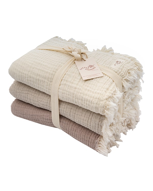 Little Fishies Gauze Receiving Blanket Set - 3 Pack - Natural / Beige / Warm Taupe