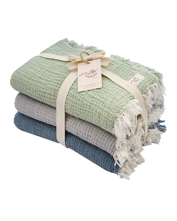 Little Fishies Gauze Receiving Blanket Set - 3 Pack - Sage / Grey / Navy